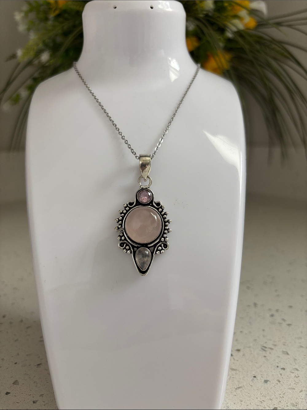Silver Rose Quartz & Pink Topaz Gemstone Pendant Necklace